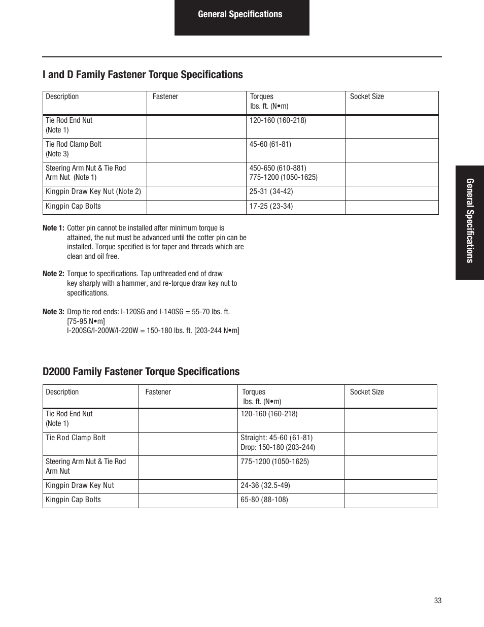 I and d family fastener torque specifications, D2000 family fastener torque specifications | Spicer Dana Spicer Steer Axles - Service Manaul User Manual | Page 37 / 48