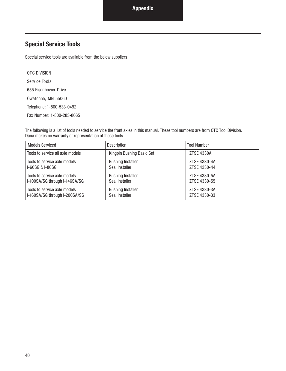 Special service tools | Spicer Dana Spicer Steer Axles - Service Manaul User Manual | Page 44 / 48