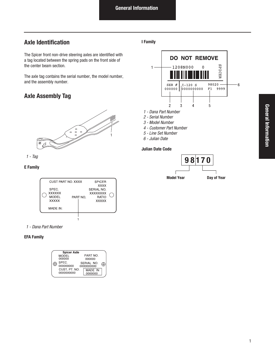 Axle identification, Axle assembly tag | Spicer Dana Spicer Steer Axles - Service Manaul User Manual | Page 5 / 48