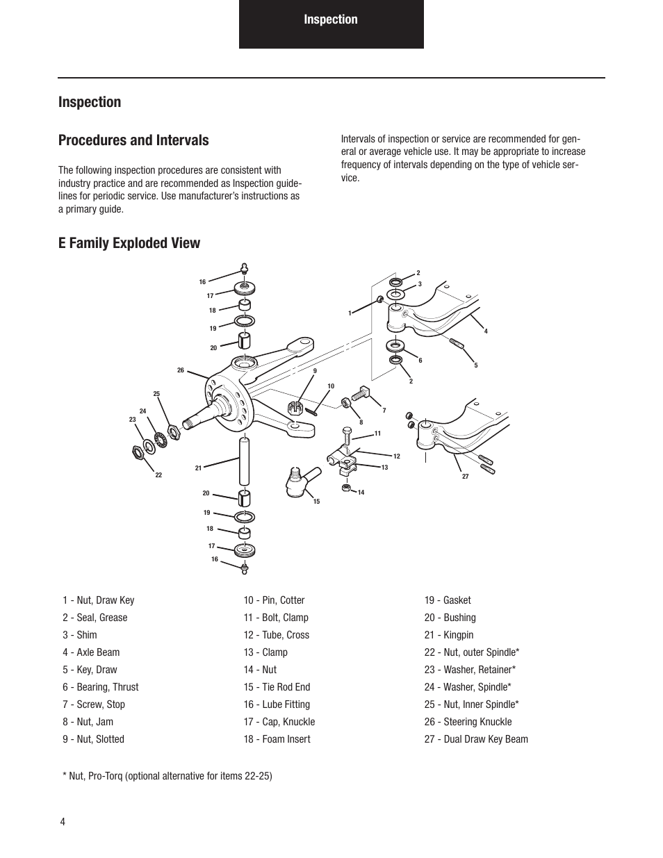 Inspection procedures and intervals, E family exploded view, Inspection | Spicer Dana Spicer Steer Axles - Service Manaul User Manual | Page 8 / 48