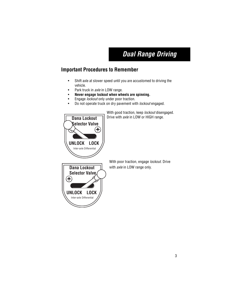Procedures to remember, Important procedures to remember, Dual range driving | Spicer Two-Speed Dual Range Drive Axles User Manual | Page 5 / 8
