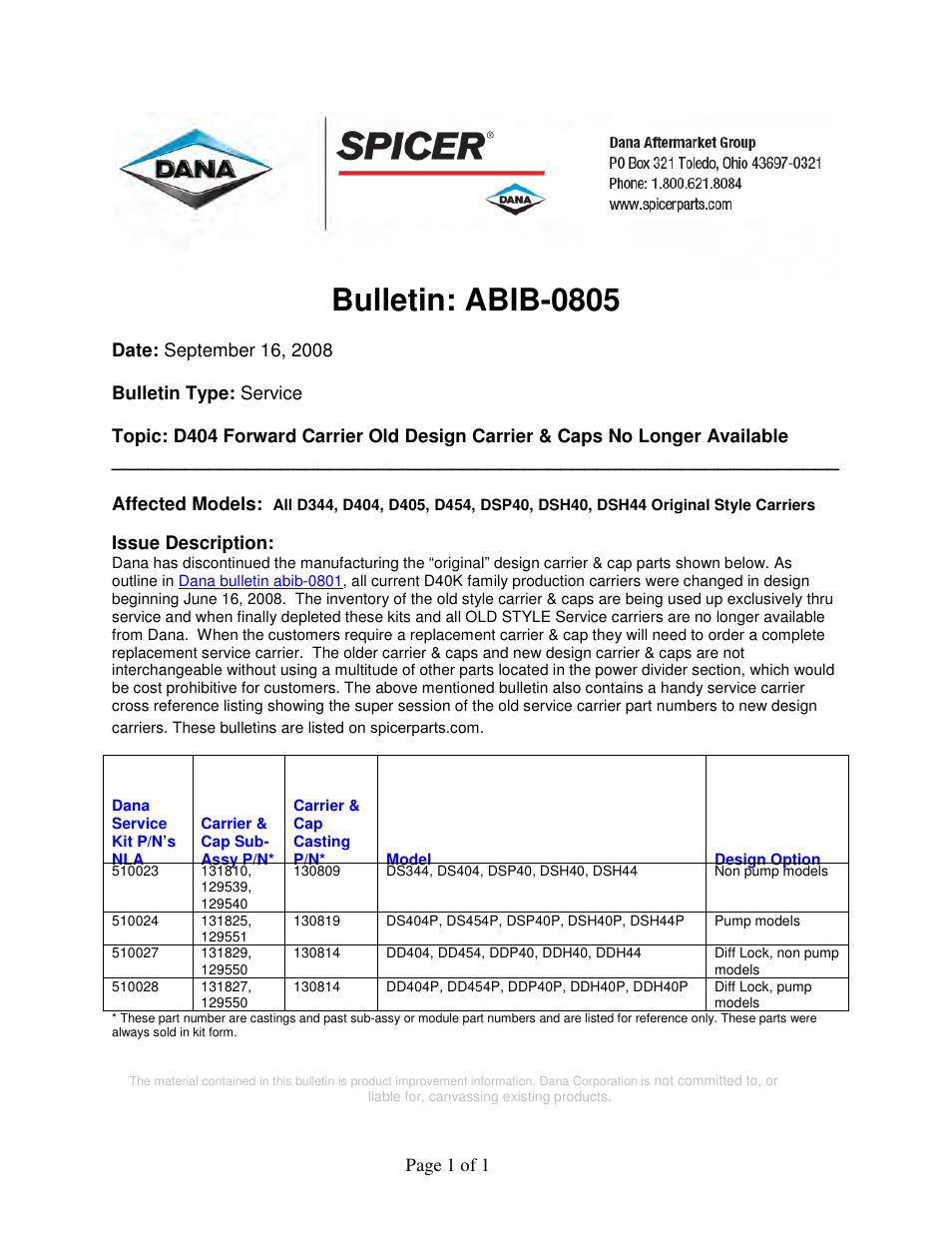 Spicer D404 Forward Carrier User Manual | 1 page