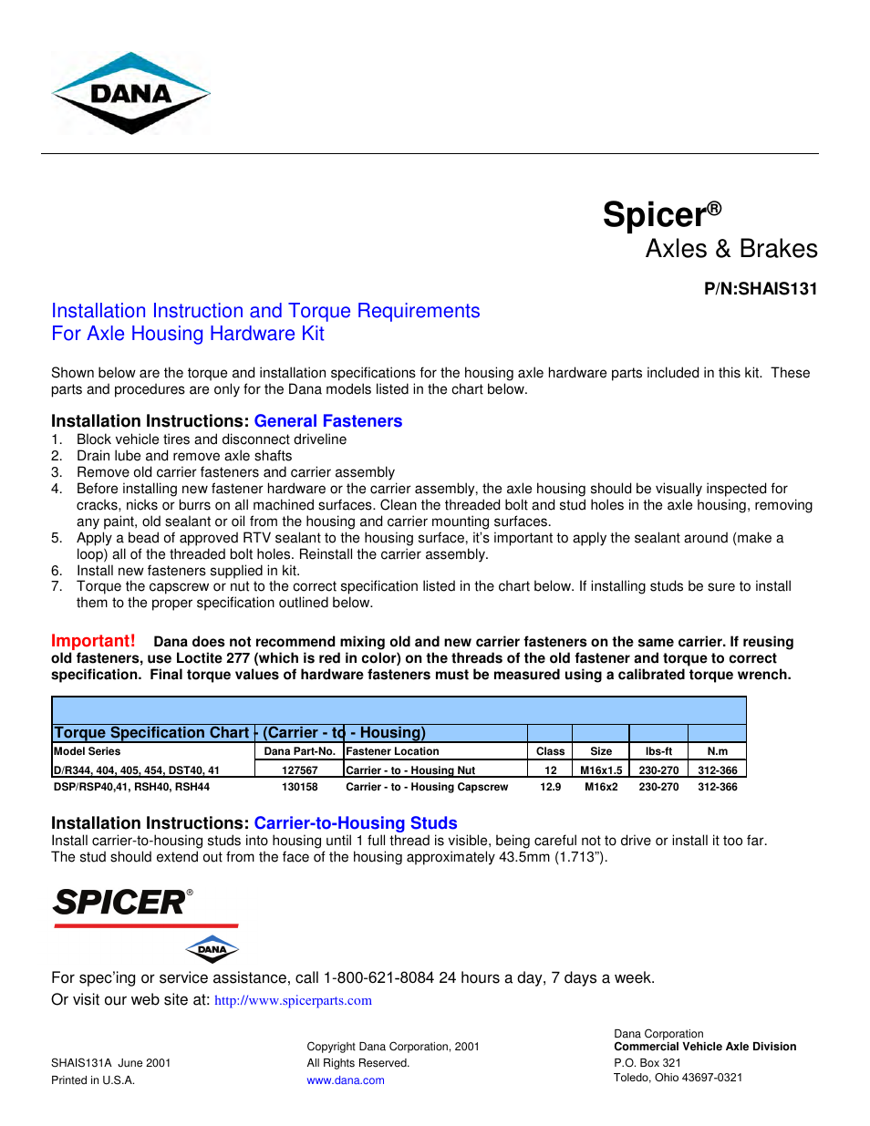 Spicer Axle Housing Hardware Kit User Manual | 1 page