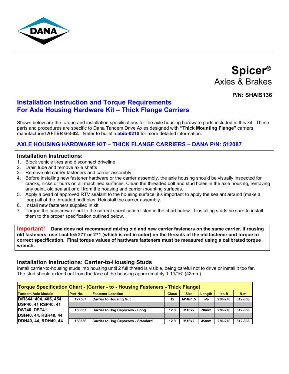 Spicer Thick Flange Carriers User Manual | 2 pages