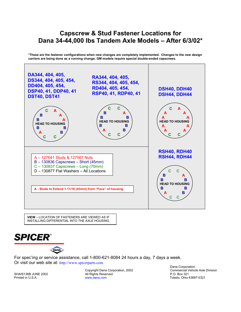 Capscrew & stud fastener locations for, Dana 34-44,000 lbs tandem axle models – after 6/3 | Spicer Thick Flange Carriers User Manual | Page 2 / 2