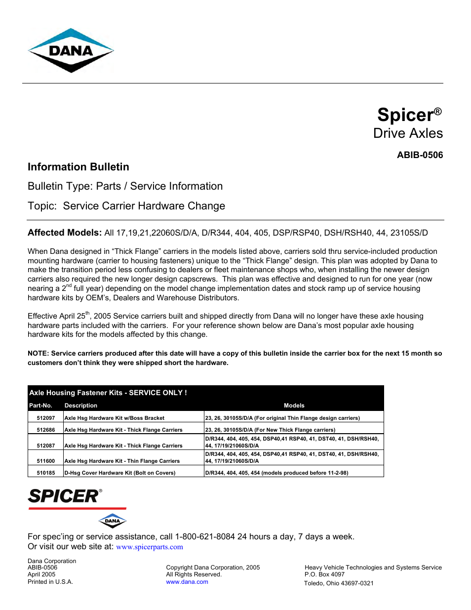 Spicer Carrier Hardware Change - Service User Manual | 1 page