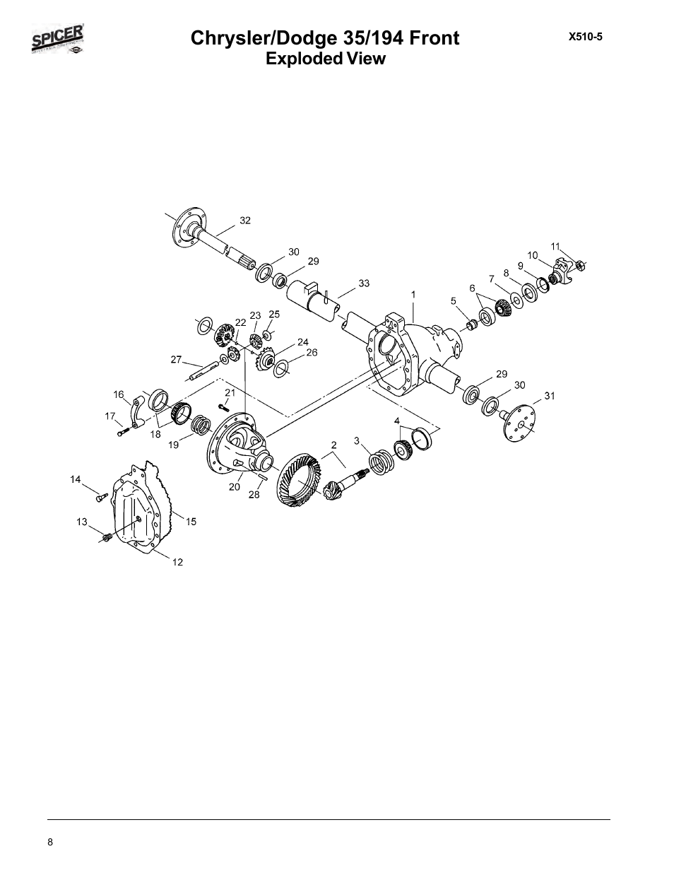 Exploded view & parts listing, Exploded view | Spicer Dodge 1999-2001 Light Duty Axle Applications User Manual | Page 10 / 57
