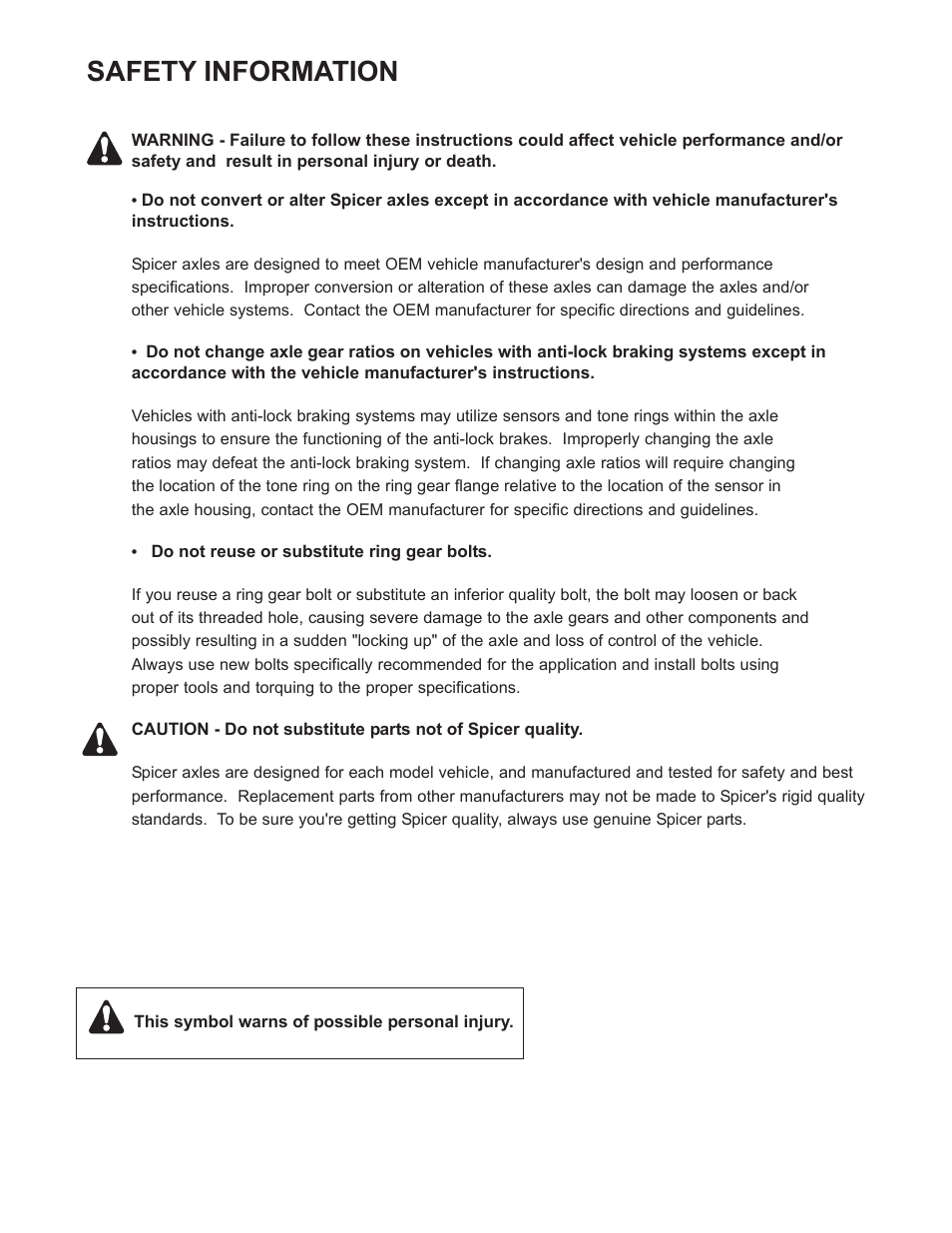 Safety information | Spicer Dodge 1999-2001 Light Duty Axle Applications User Manual | Page 2 / 57