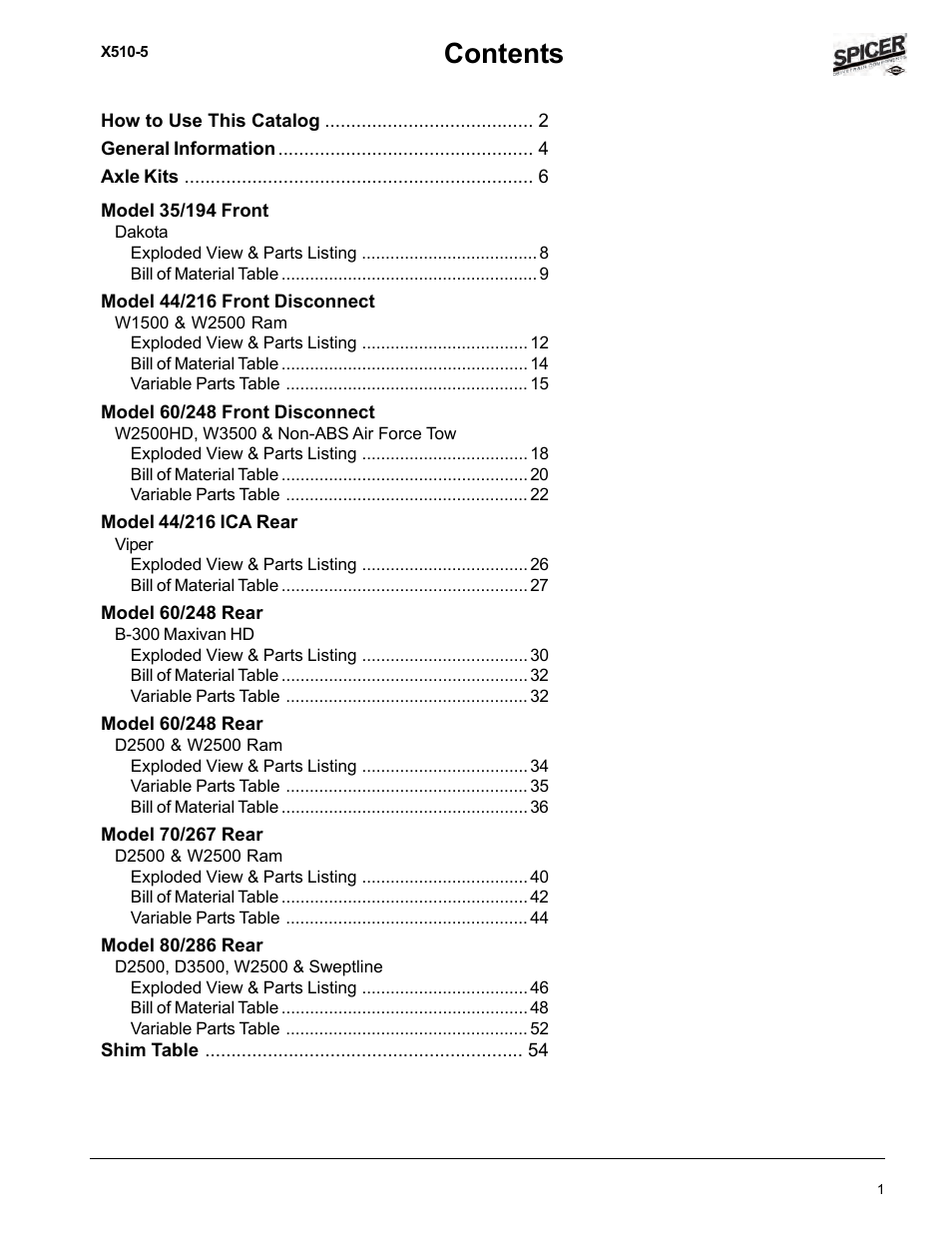 Spicer Dodge 1999-2001 Light Duty Axle Applications User Manual | Page 3 / 57