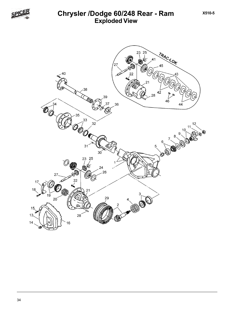 Exploded view & parts listing, Exploded view | Spicer Dodge 1999-2001 Light Duty Axle Applications User Manual | Page 36 / 57