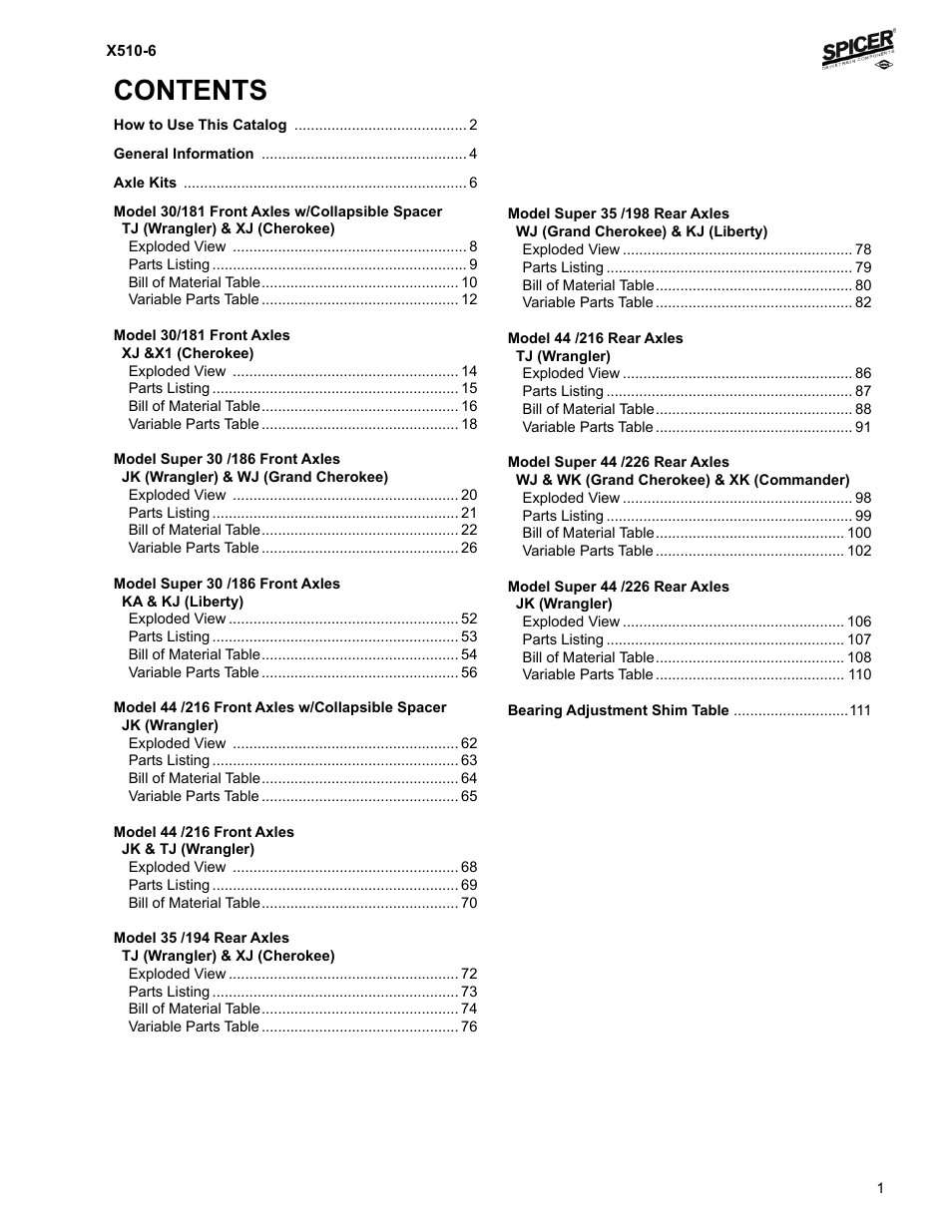 Spicer Jeep Applications 1999-2011 Light Axle Parts User Manual | Page 3 / 120