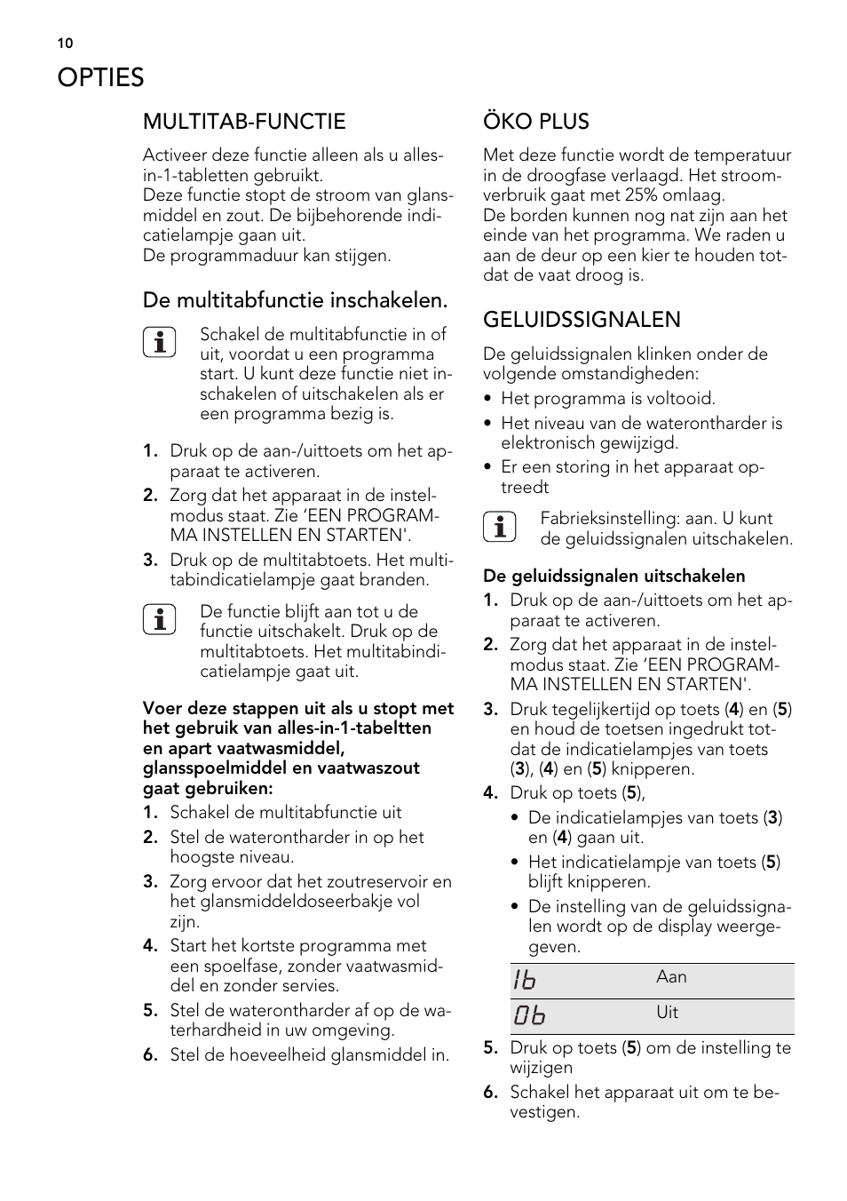 Opties, Multitab-functie, De multitabfunctie inschakelen | Öko plus, Geluidssignalen | AEG ELECTROLUX F 65000 VI 1 P User Manual | Page 10 / 88