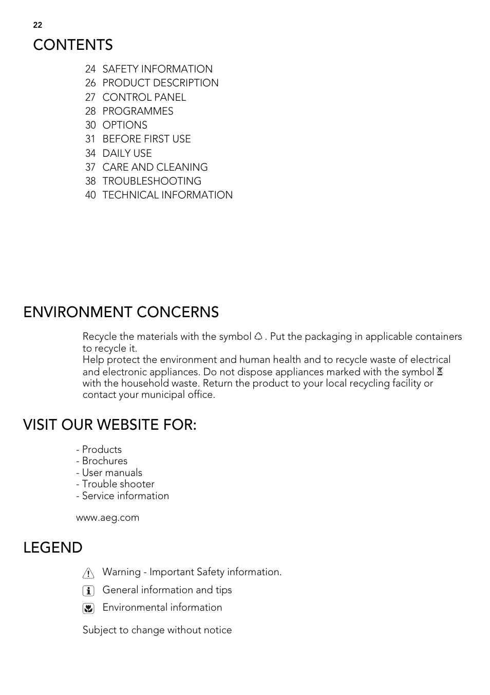 AEG ELECTROLUX F 65000 VI 1 P User Manual | Page 22 / 88