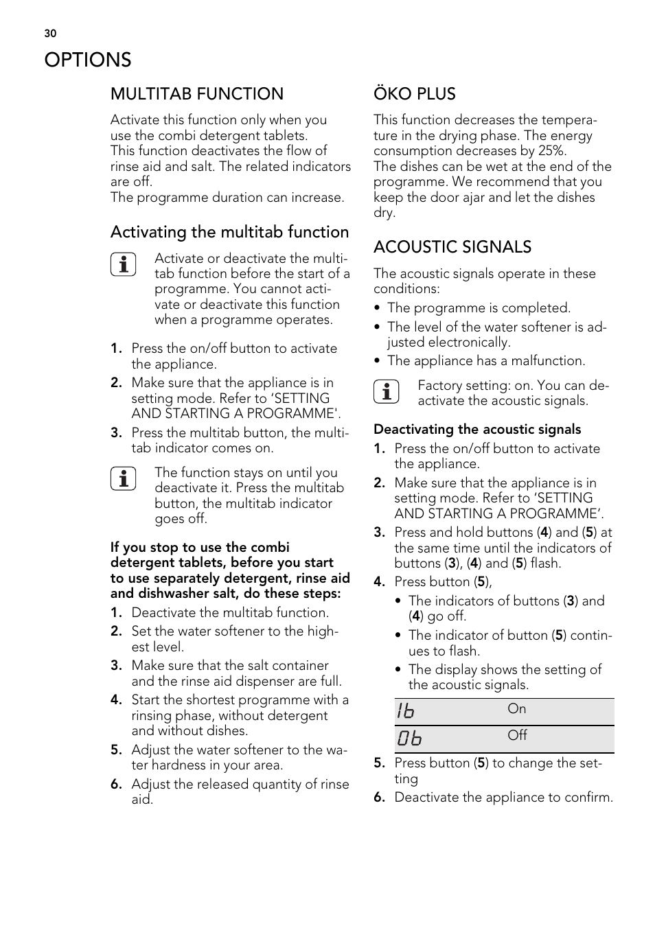 Options, Multitab function, Activating the multitab function | Öko plus, Acoustic signals | AEG ELECTROLUX F 65000 VI 1 P User Manual | Page 30 / 88