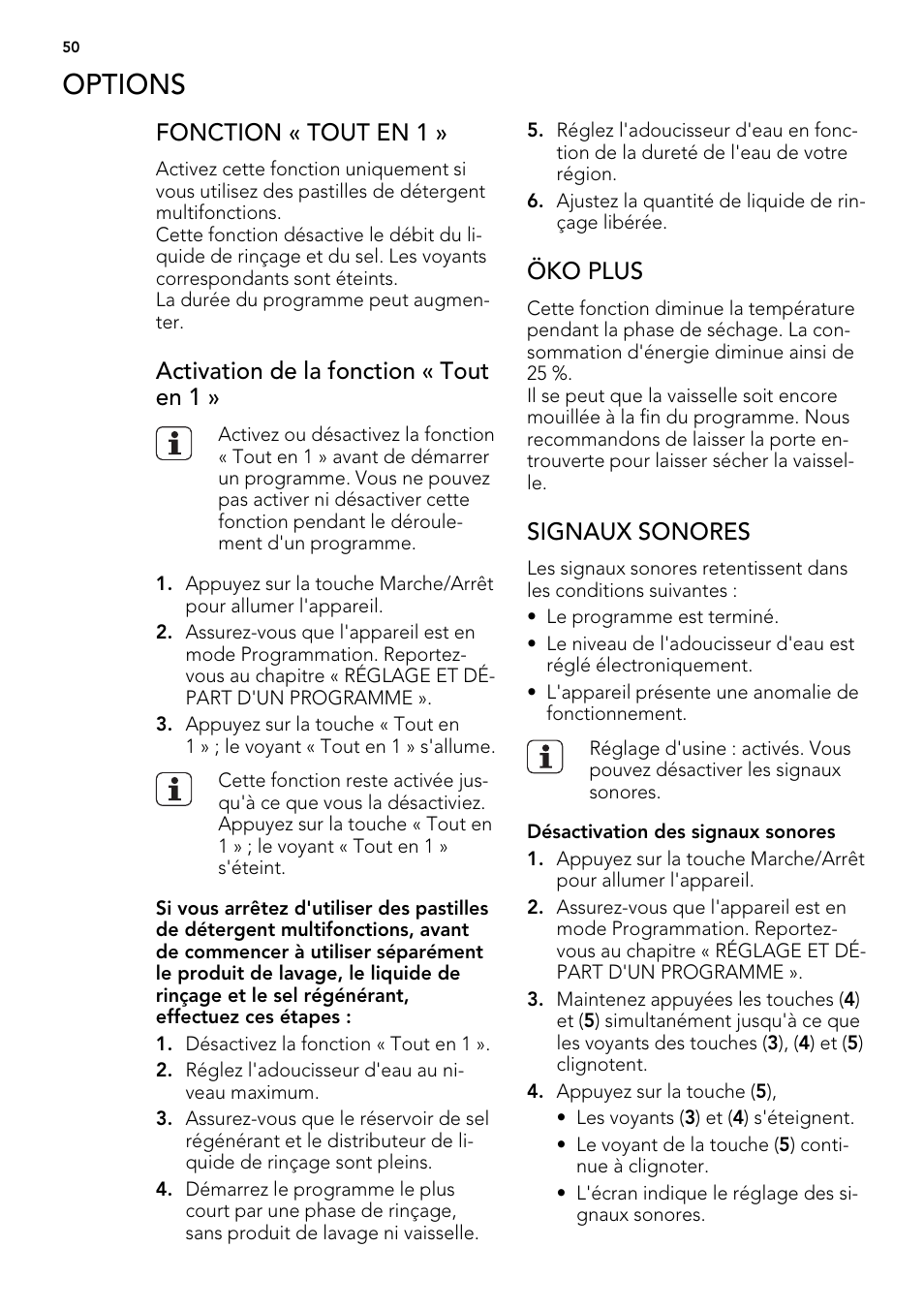 Options, Fonction « tout en 1, Activation de la fonction « tout en 1 | Öko plus, Signaux sonores | AEG ELECTROLUX F 65000 VI 1 P User Manual | Page 50 / 88