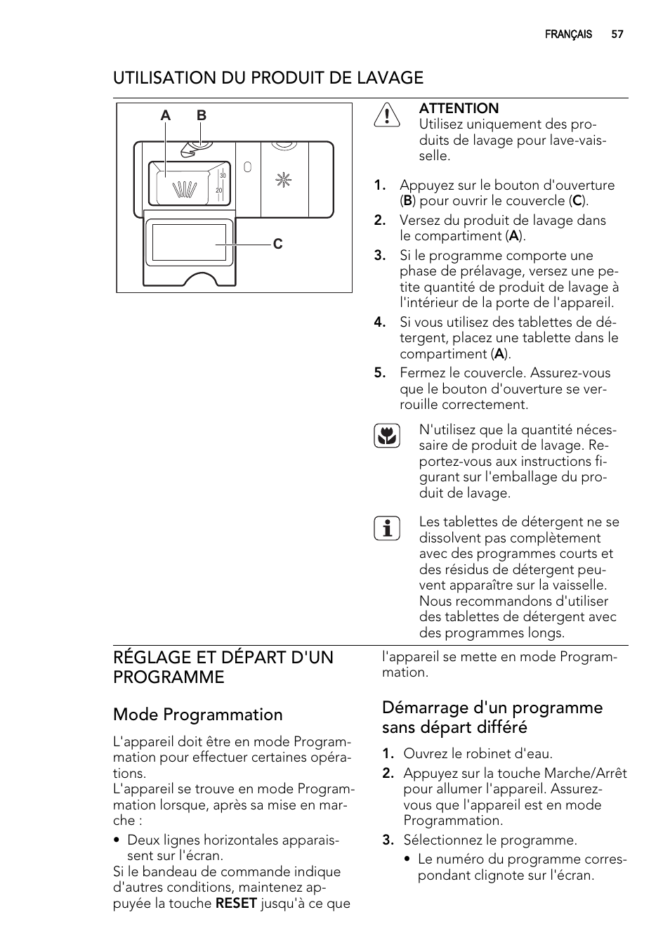 Utilisation du produit de lavage, Démarrage d'un programme sans départ différé | AEG ELECTROLUX F 65000 VI 1 P User Manual | Page 57 / 88