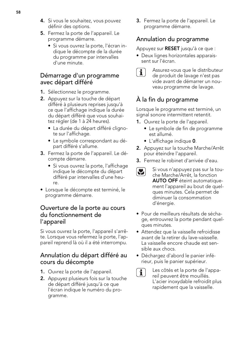 Démarrage d'un programme avec départ différé, Annulation du départ différé au cours du décompte, Annulation du programme | À la fin du programme | AEG ELECTROLUX F 65000 VI 1 P User Manual | Page 58 / 88