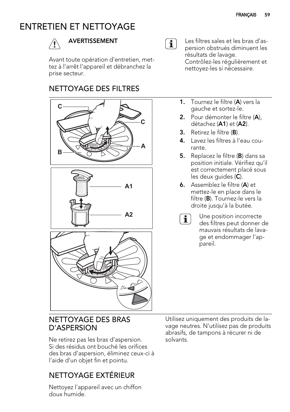 Entretien et nettoyage, Nettoyage des filtres, Nettoyage des bras d'aspersion | Nettoyage extérieur | AEG ELECTROLUX F 65000 VI 1 P User Manual | Page 59 / 88