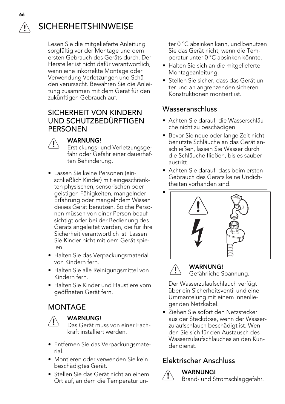 Sicherheitshinweise, Montage, Wasseranschluss | Elektrischer anschluss | AEG ELECTROLUX F 65000 VI 1 P User Manual | Page 66 / 88