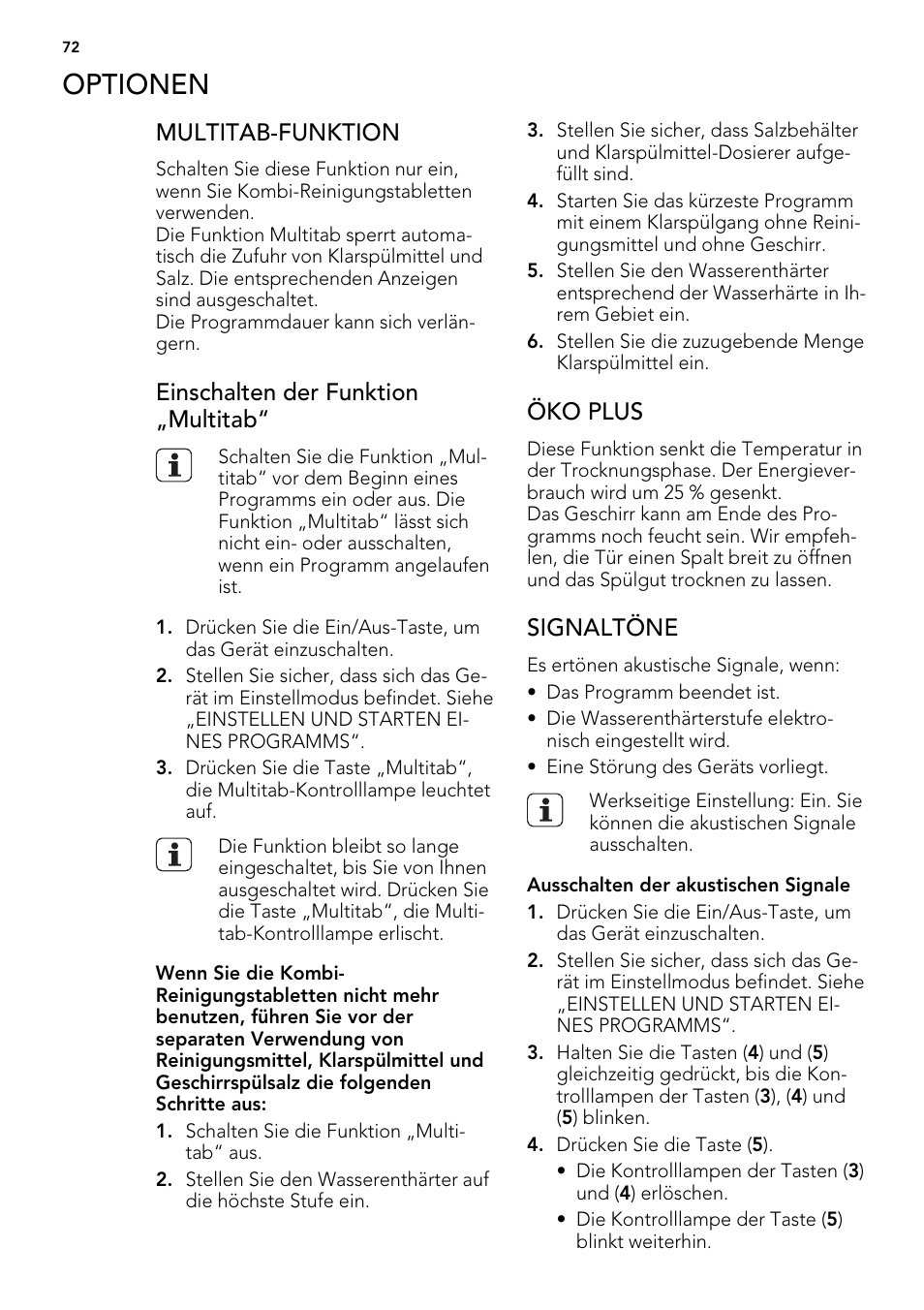Optionen, Multitab-funktion, Einschalten der funktion „multitab | Öko plus, Signaltöne | AEG ELECTROLUX F 65000 VI 1 P User Manual | Page 72 / 88