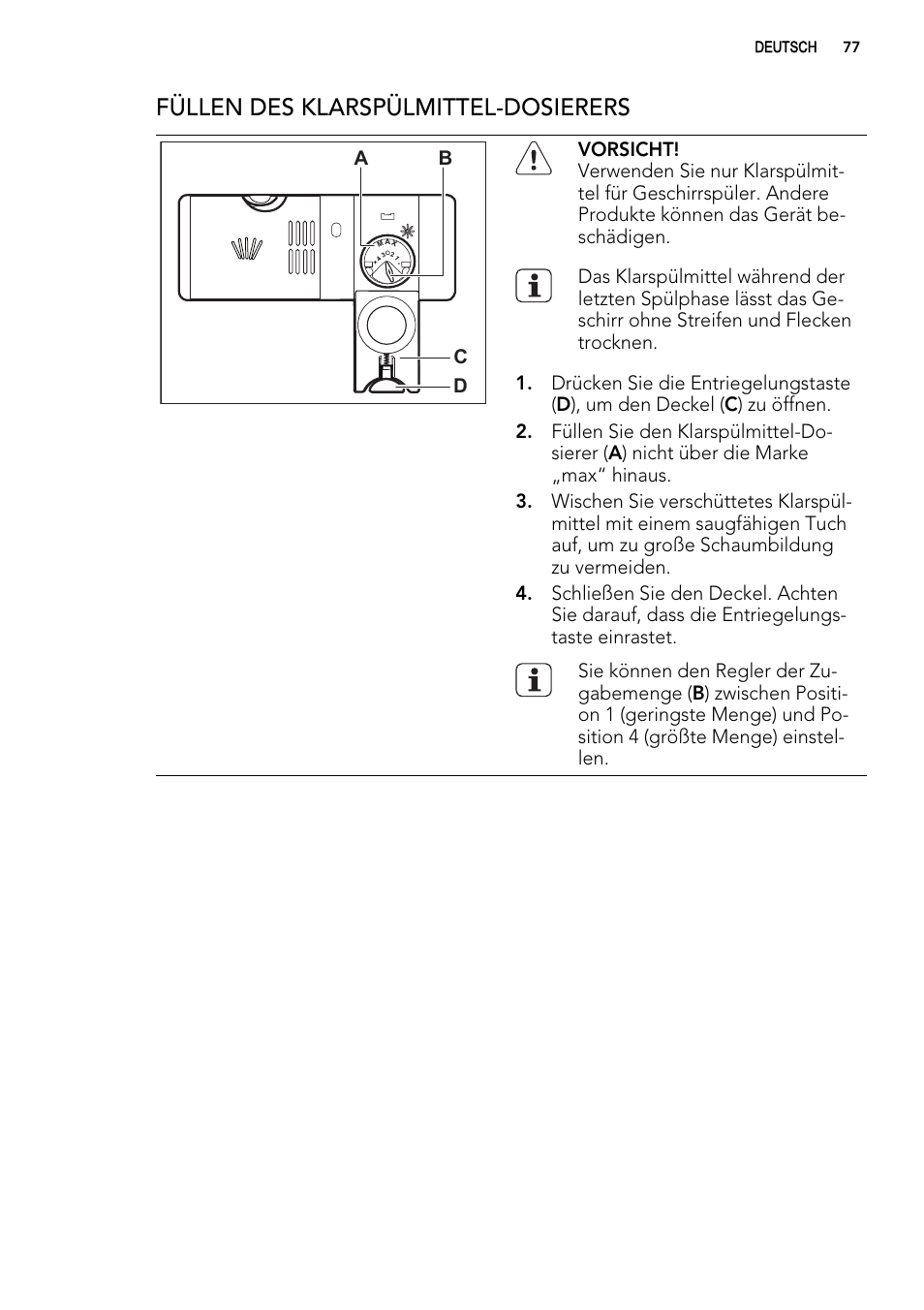 Füllen des klarspülmittel-dosierers | AEG ELECTROLUX F 65000 VI 1 P User Manual | Page 77 / 88