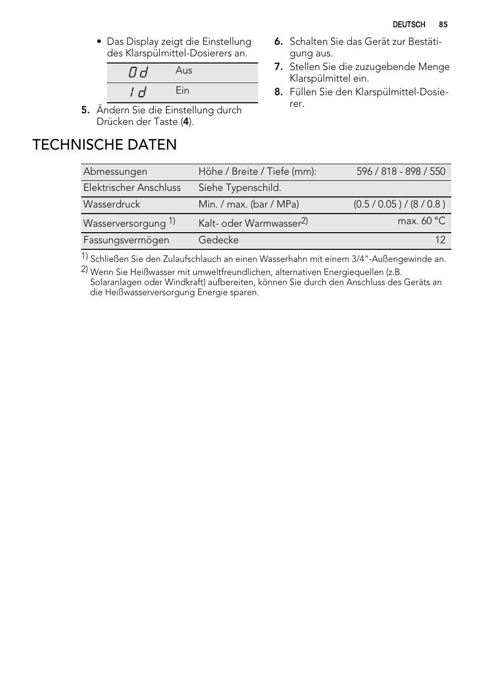 Technische daten | AEG ELECTROLUX F 65000 VI 1 P User Manual | Page 85 / 88