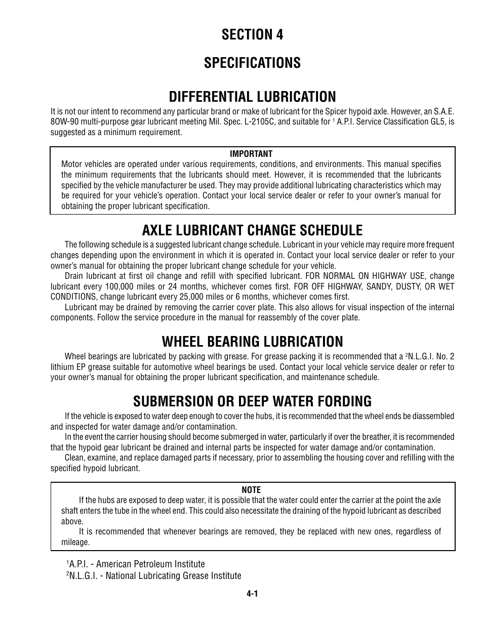 Axle lubricant change schedule, Wheel bearing lubrication, Submersion or deep water fording | Spicer Single Speed Axle - Service Manual User Manual | Page 26 / 30