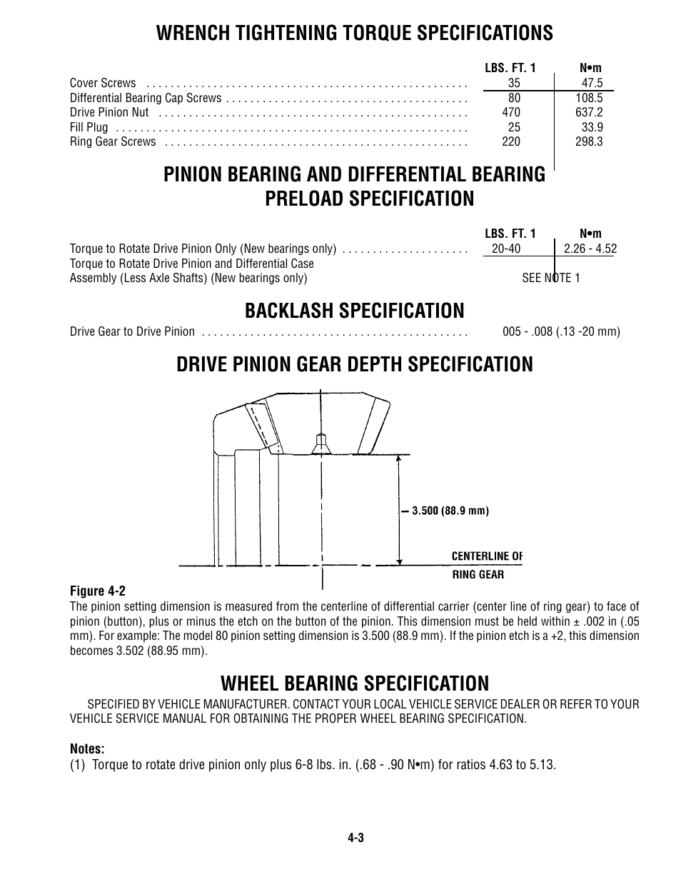 Wrench tightening torque specifications, Backlash specification, Drive pinion gear depth specification | Wheel bearing specification | Spicer Single Speed Axle - Service Manual User Manual | Page 28 / 30