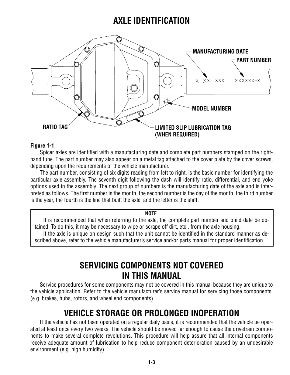 Axle identification, Servicing components not covered in this manual, Vehicle storage or prolonged inoperation | Spicer Single Speed Axle - Service Manual User Manual | Page 6 / 30