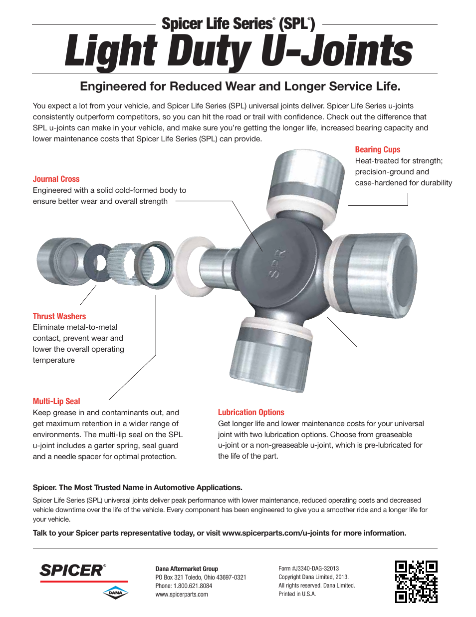 Light duty u-joints, Spicer life series | Spicer Life Series (SPL) Light Duty U-Joints User Manual | Page 2 / 2