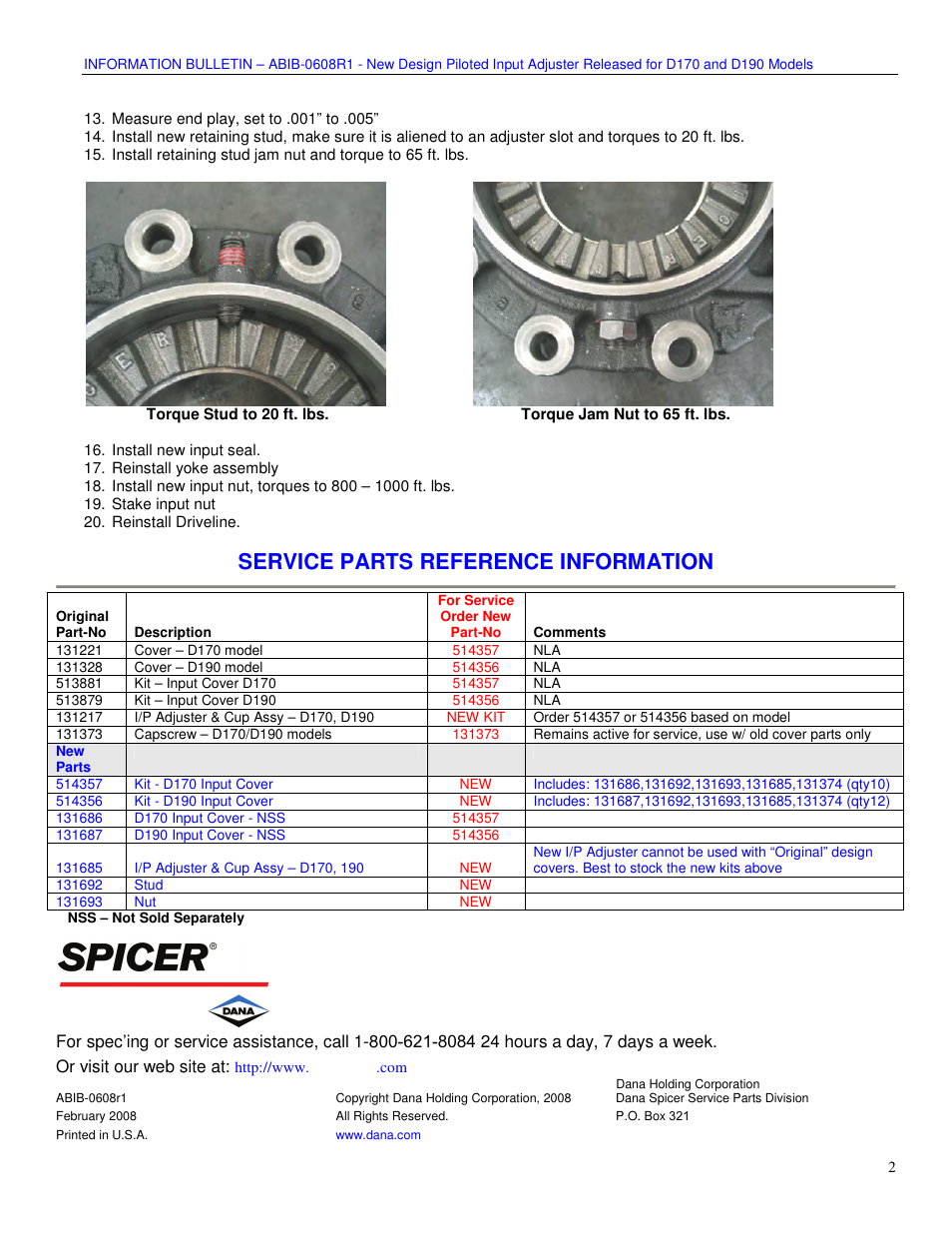 Service parts reference information | Spicer New Design Piloted Input Adjuster Released for D170 and D190 Models User Manual | Page 2 / 2