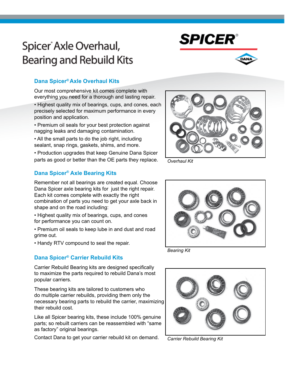 Spicer Axle Overhaul and Bearing Kits User Manual | 12 pages