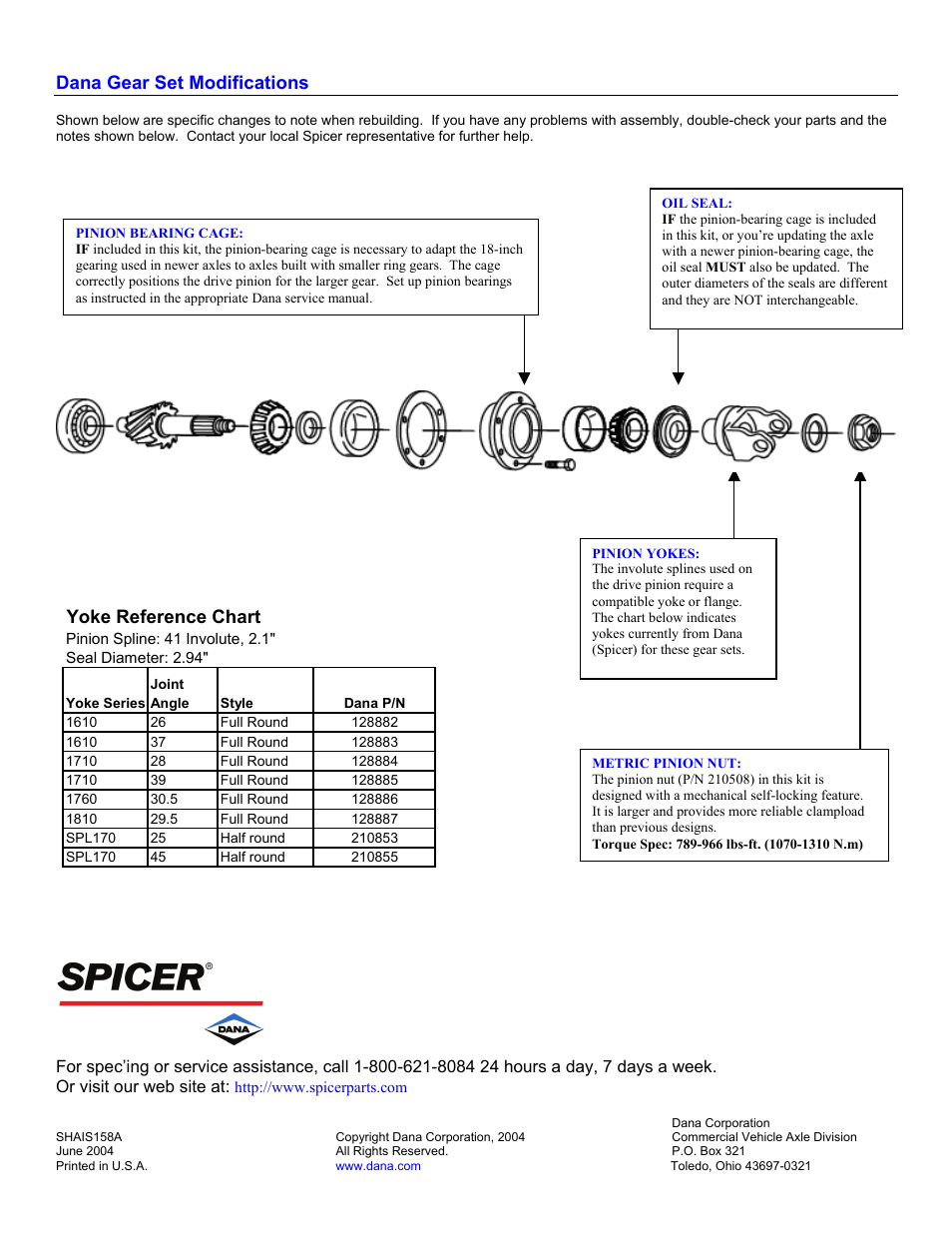 Dana gear set modifications, Yoke reference chart | Spicer Gear and Pinion Standardization – Modification Instruction Sheet User Manual | Page 2 / 2