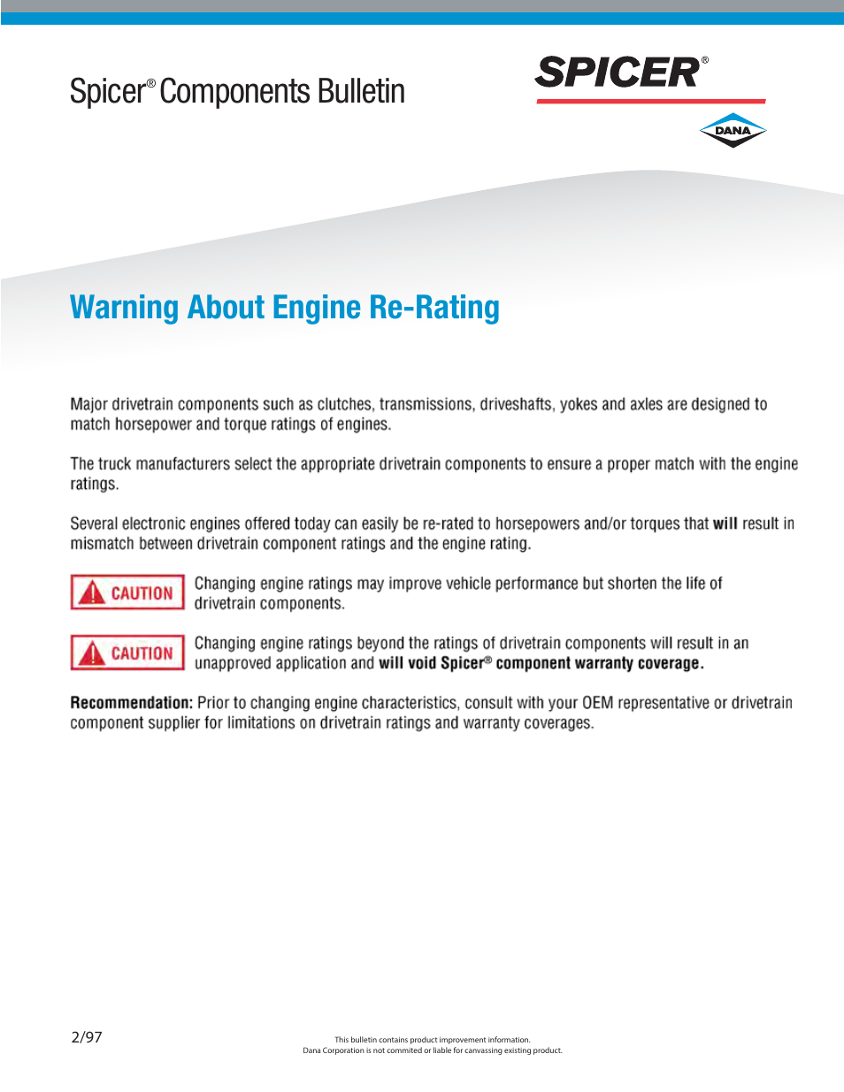 Spicer Warning About Engine Re-Rating User Manual | 2 pages