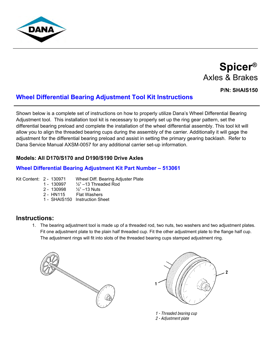 Spicer Wheel Differential Bearing Adjustment Tool Kit Instructions User Manual | 5 pages