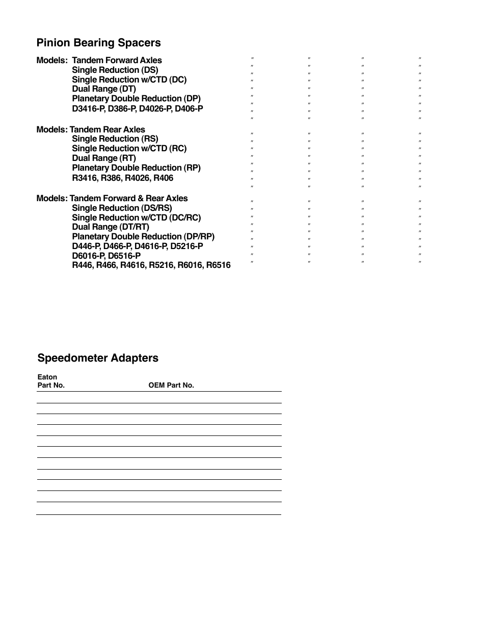 Pinion bearing spacers, Speedometer adapters | Spicer Drive System Illustrated Parts List ESD D386, D406, D466, DS4026, DS4616, DS_DC_DT4636, 6x6 User Manual | Page 13 / 48