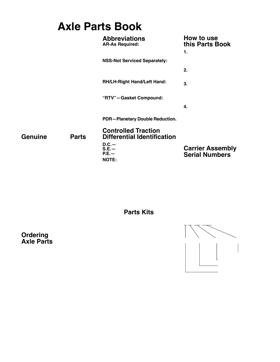 6slfhu axle parts book, Genuine 6slfhu parts, Ordering 6slfhu axle parts | How to use this parts book, Carrier assembly serial numbers, Abbreviations, Controlled traction differential identification, 6slfhu parts kits | Spicer Drive System Illustrated Parts List ESD D386, D406, D466, DS4026, DS4616, DS_DC_DT4636, 6x6 User Manual | Page 2 / 48