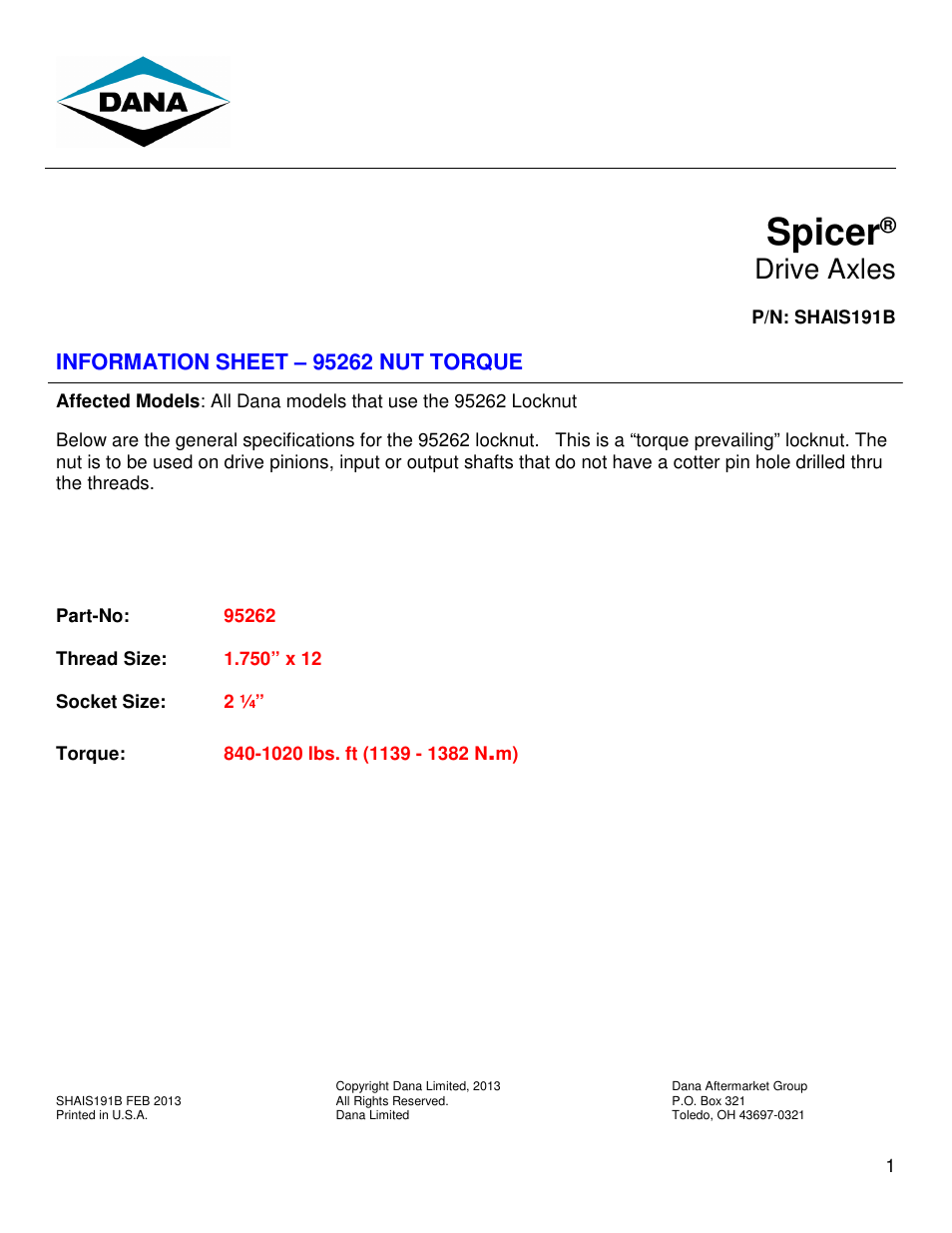 Spicer 95262 User Manual | 1 page