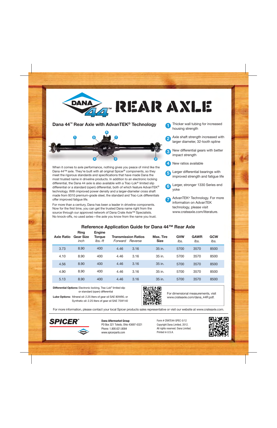 Reference application guide for dana 44™ rear axle, Rear axle with advantek, Technology | Spicer Dana 44 Rear Axle Sell Sheet User Manual | Page 2 / 2