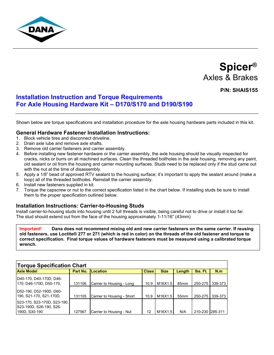 Spicer S190 Installation User Manual | 2 pages