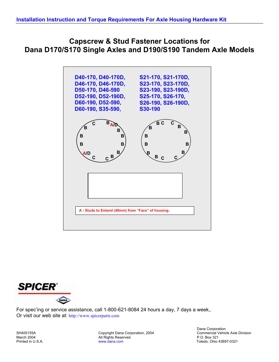 Capscrew & stud fastener locations for | Spicer S190 Installation User Manual | Page 2 / 2