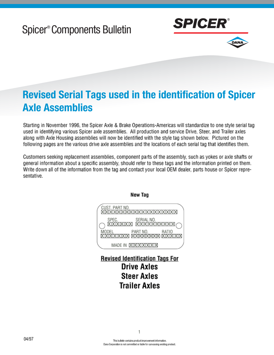 Spicer Revised Serial Tags used in the Identification of Spicer Axle Assemblies User Manual | 8 pages