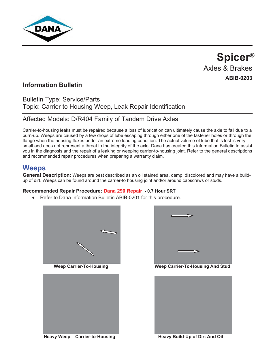 Spicer Carrier to Housing Weep, Leak Repair Identification User Manual | 2 pages