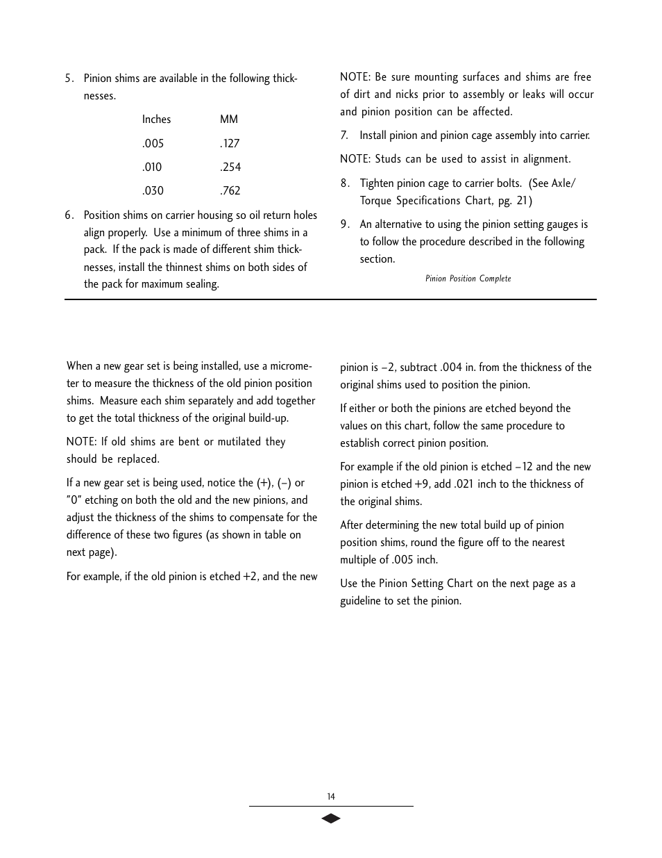 Pinion setting, Pinion position, Pinion setting chart | Spicer Drive Axles Service Manual User Manual | Page 16 / 28