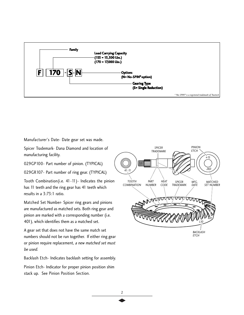 Model/gear set identification, Model identification numbering system, Gear set identification | Spicer Drive Axles Service Manual User Manual | Page 4 / 28