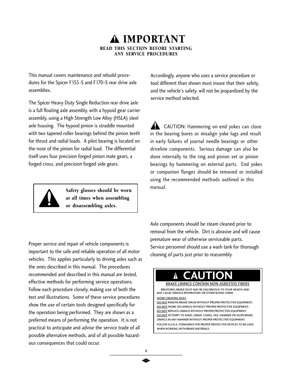 General precautions, Caution, Important | Spicer Drive Axles Service Manual User Manual | Page 6 / 28