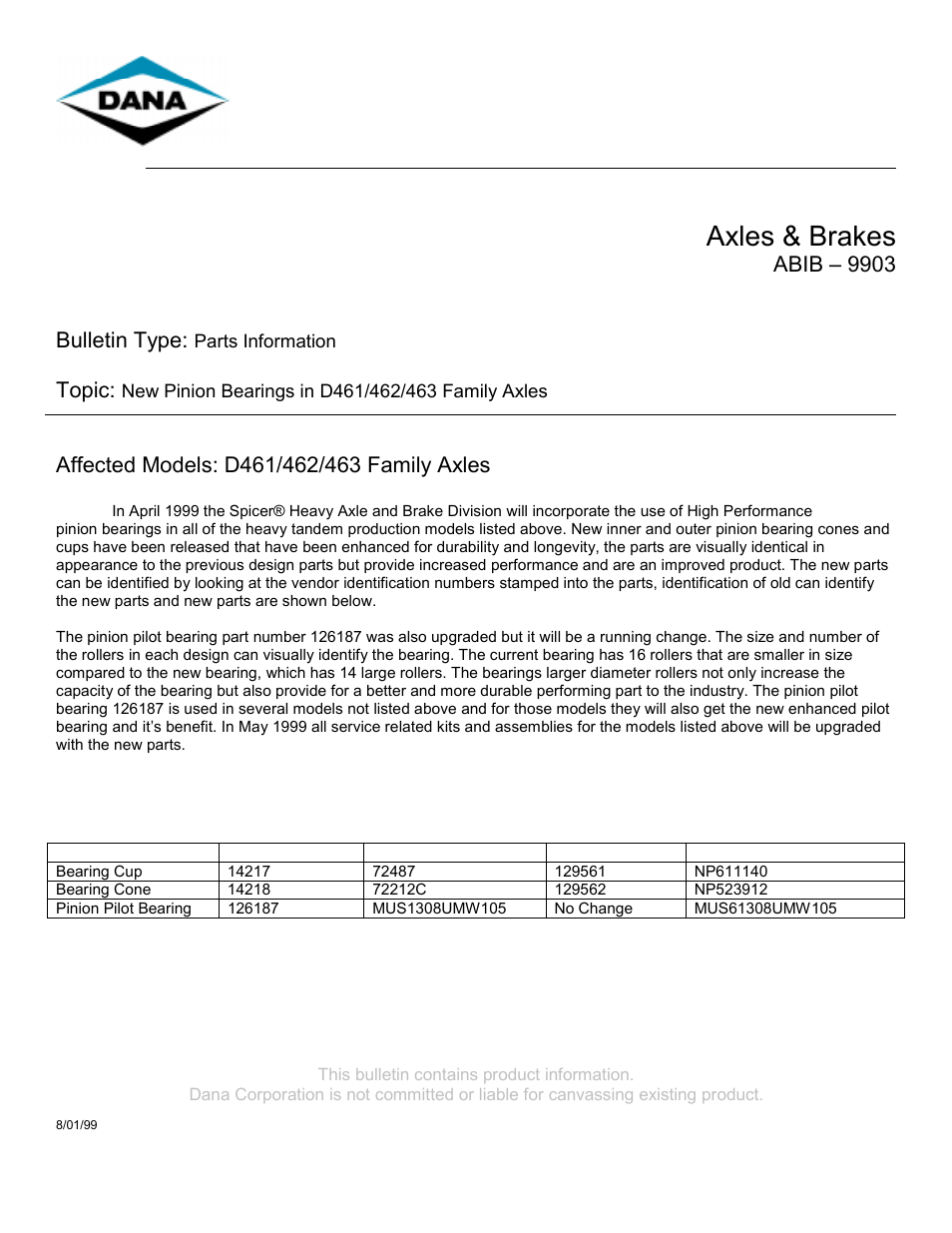Spicer New Pinion Bearings in D463 User Manual | 2 pages
