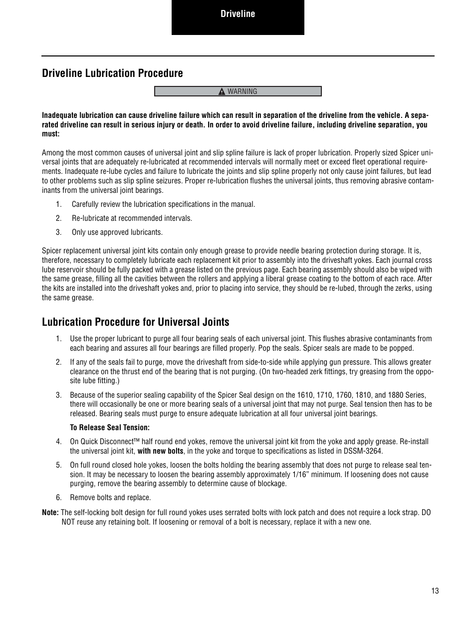 Driveline lubrication procedure, Lubrication procedure for universal joints | Spicer Lubrication Manual - July 2012 User Manual | Page 13 / 18