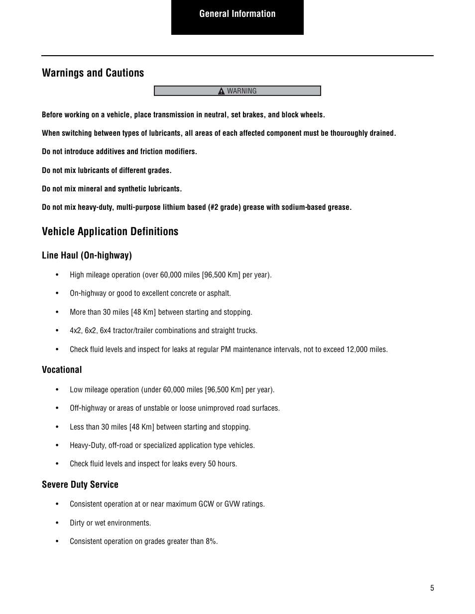 Warnings and cautions, Vehicle application definitions | Spicer Lubrication Manual - July 2012 User Manual | Page 5 / 18