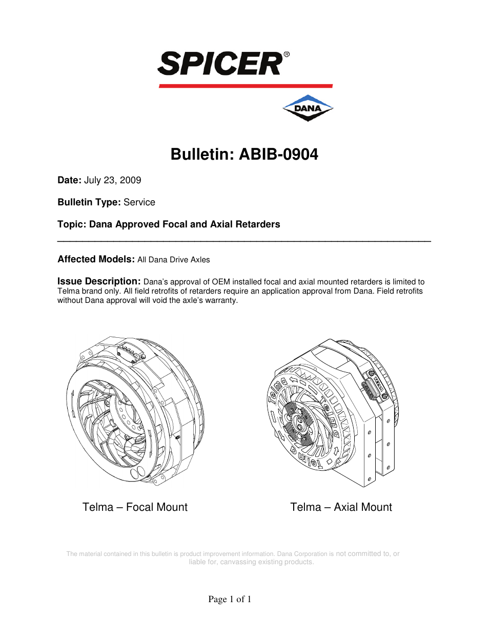 Spicer Dana Approved Focal and Axial Retarders User Manual | 1 page